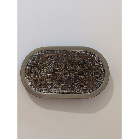 The Unbranded Brand Other - Vintage Floral Etched Oval Belt Buckle Western Boho Silver Tone Patina Metal